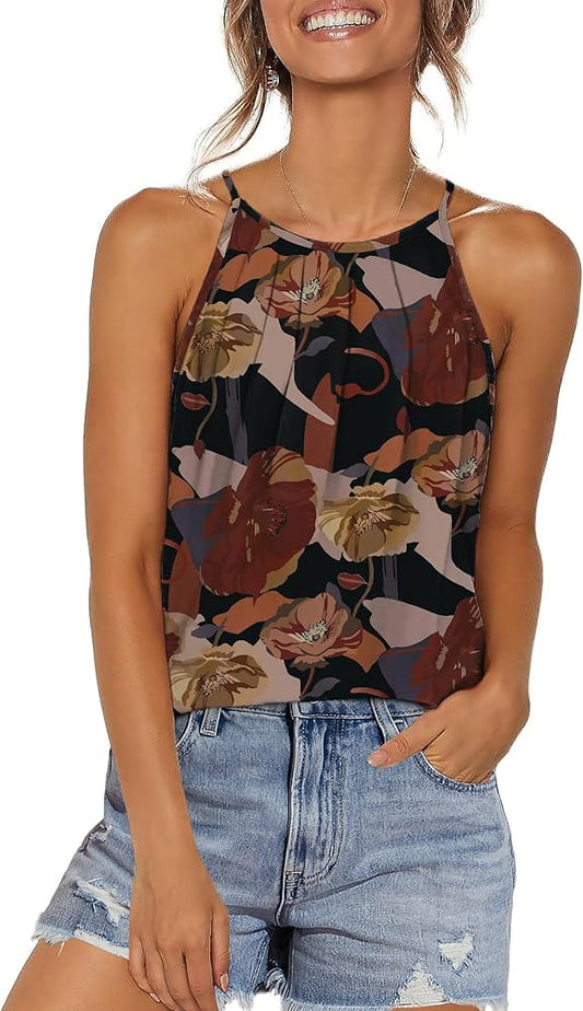 Womens Pleated Tank Tops Spaghetti Strap Camisole Halter Tops Curved Hem Fashion 2025